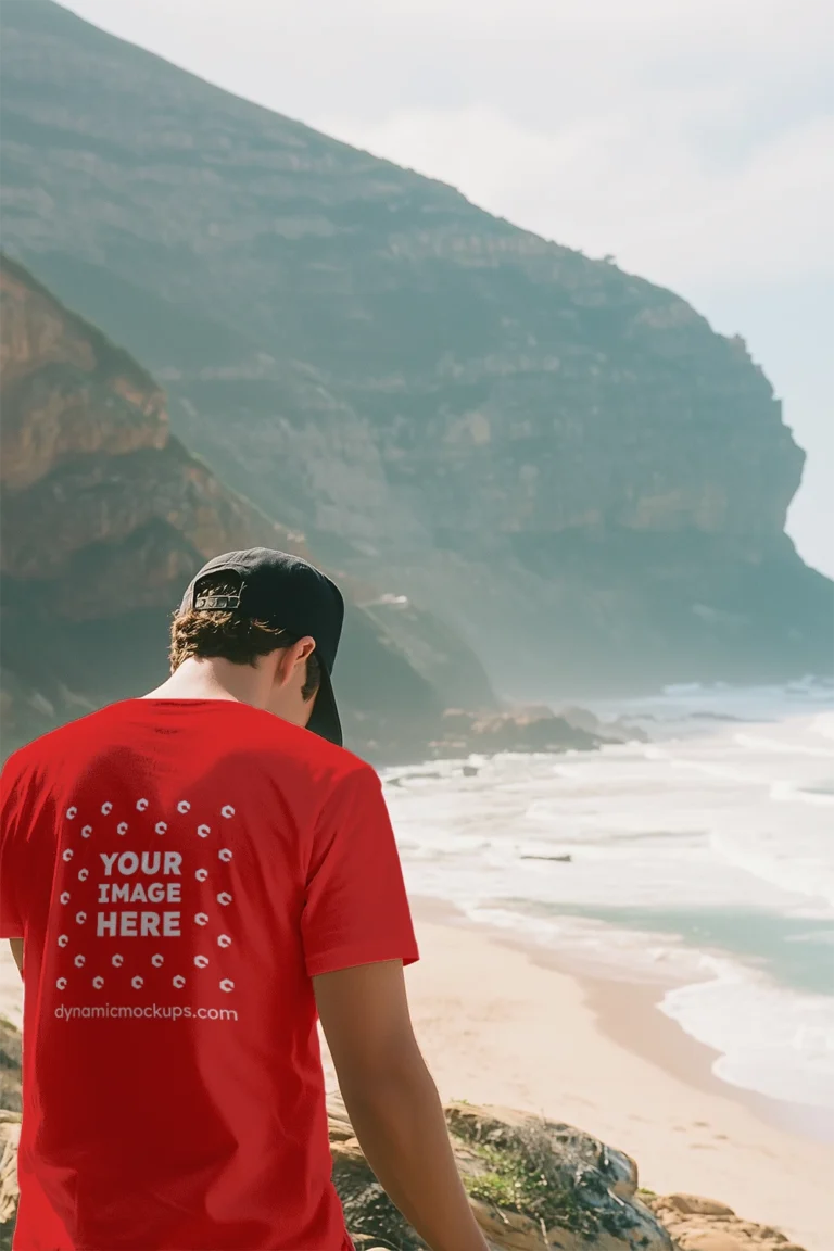 Man Wearing Red T-shirt Mockup Back View Template
