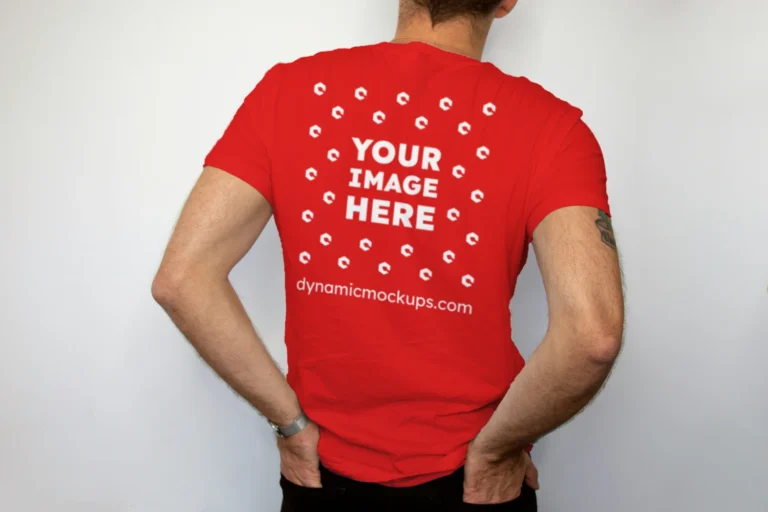 Man Wearing Red T-shirt Mockup Back View Template