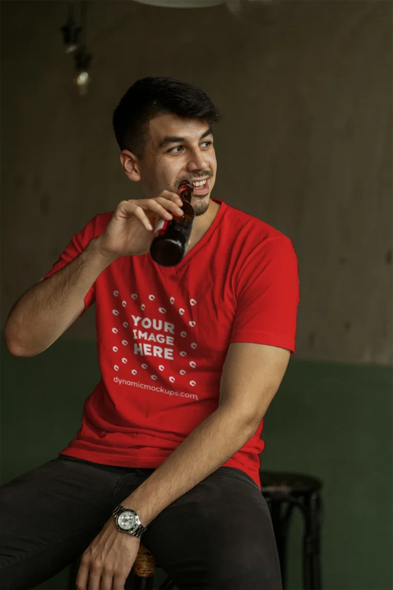 Man Wearing Red T-shirt Mockup Front View Template