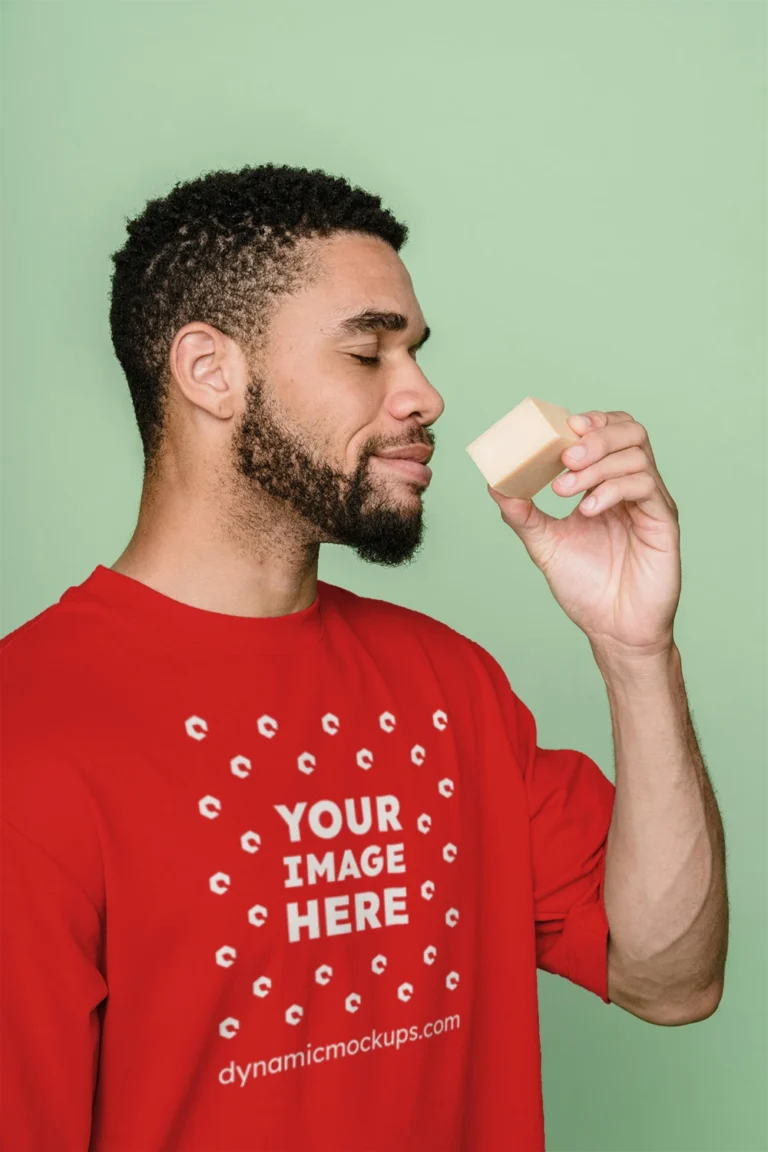 Man Wearing Red T-shirt Mockup Front View Template