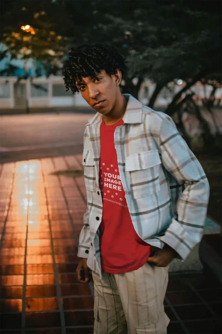 Man Wearing Red T-shirt Mockup Front View Template