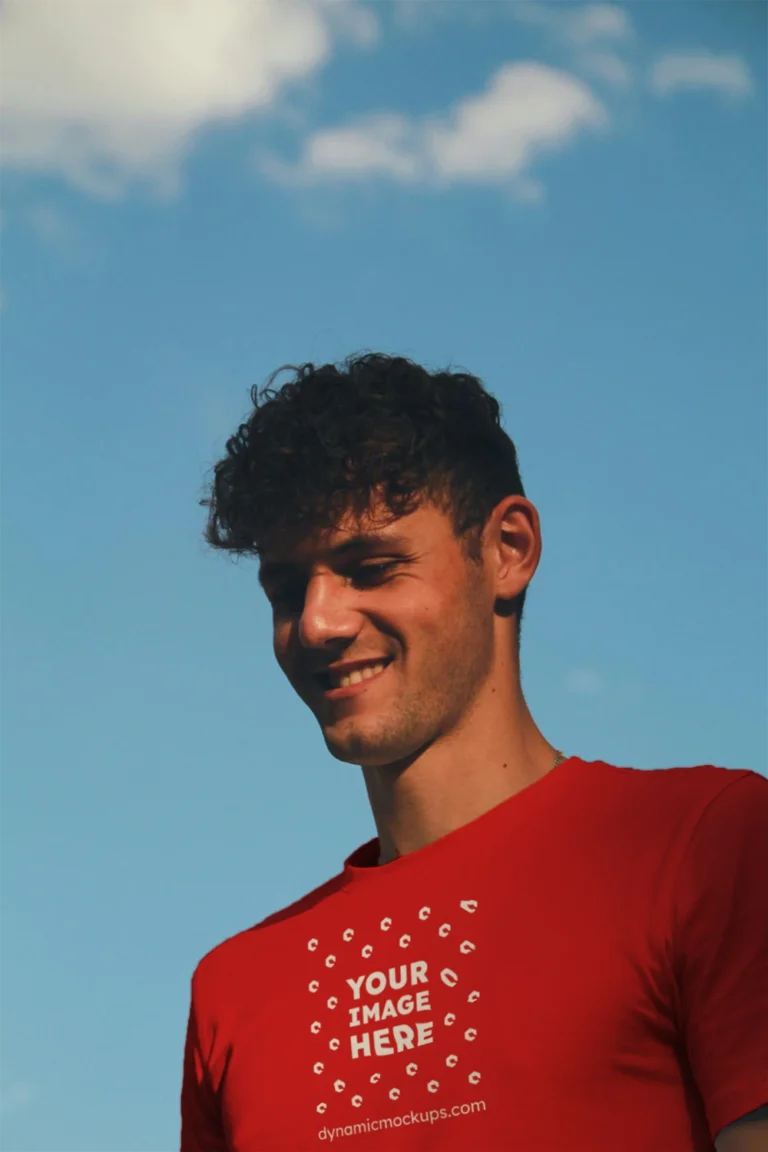 Man Wearing Red T-shirt Mockup Front View Template