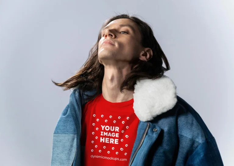 Man Wearing Red T-shirt Mockup Front View Template