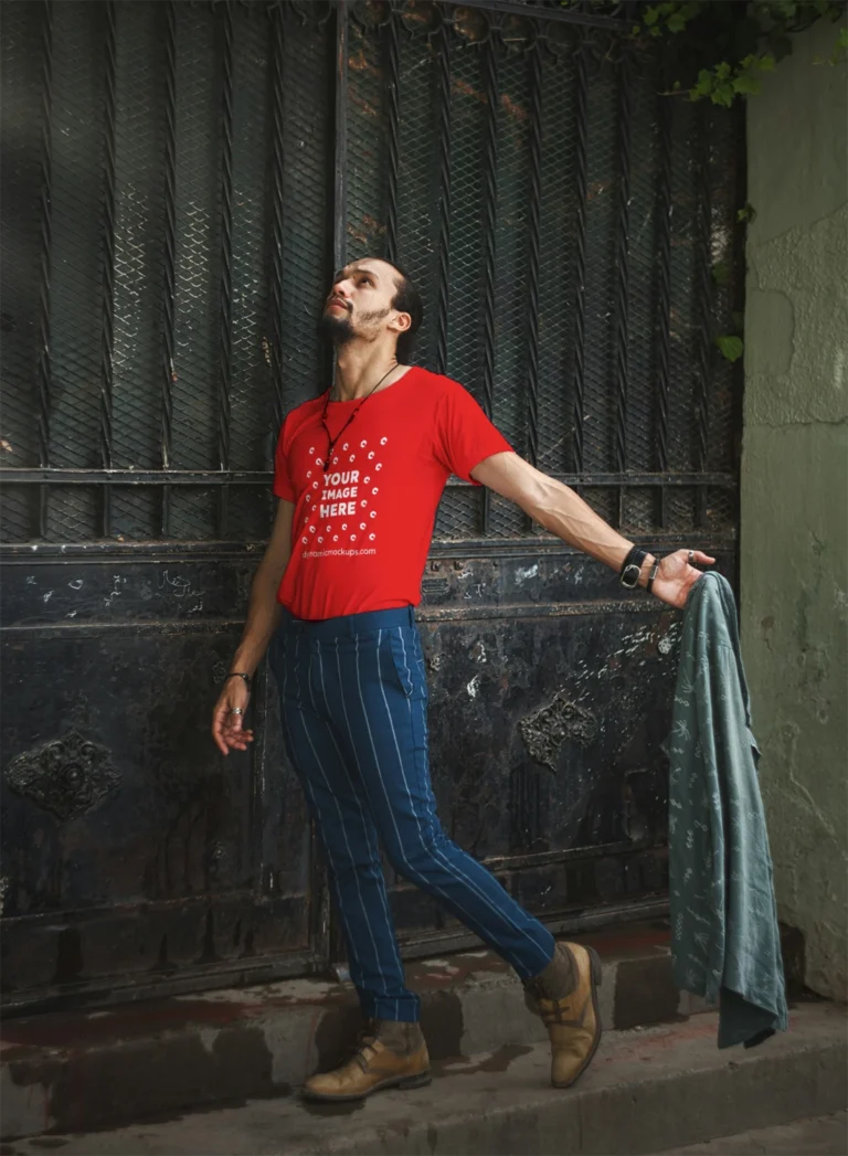 Man Wearing Red T-shirt Mockup Front View Template
