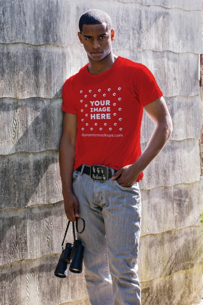 Man Wearing Red T-shirt Mockup Front View Template