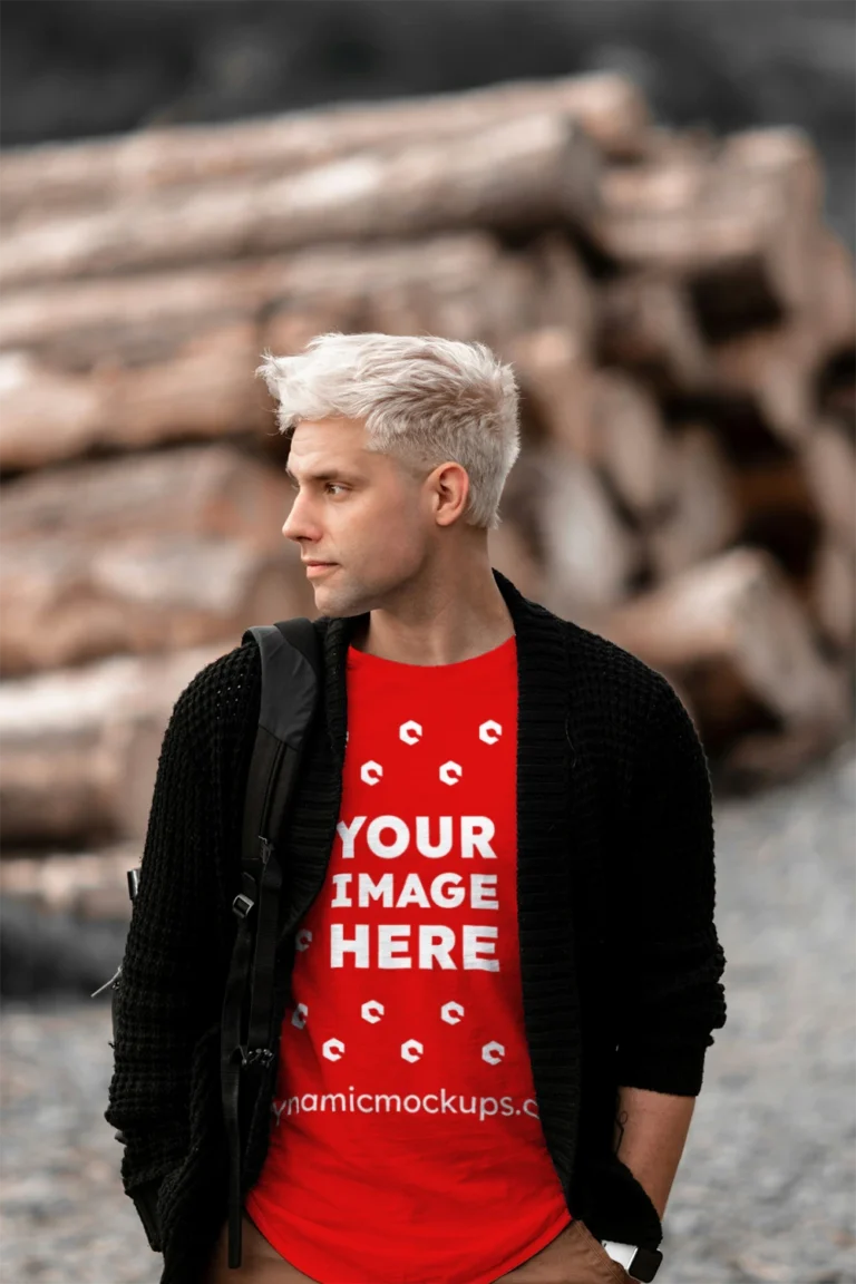 Man Wearing Red T-shirt Mockup Front View Template