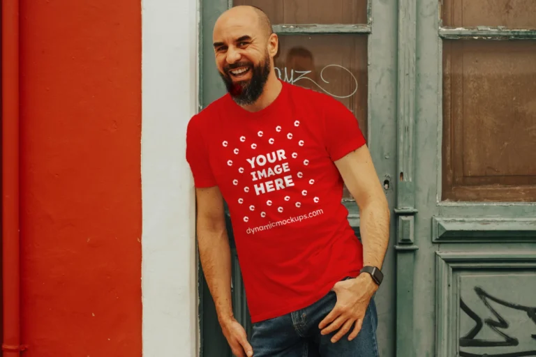 Man Wearing Red T-shirt Mockup Front View Template