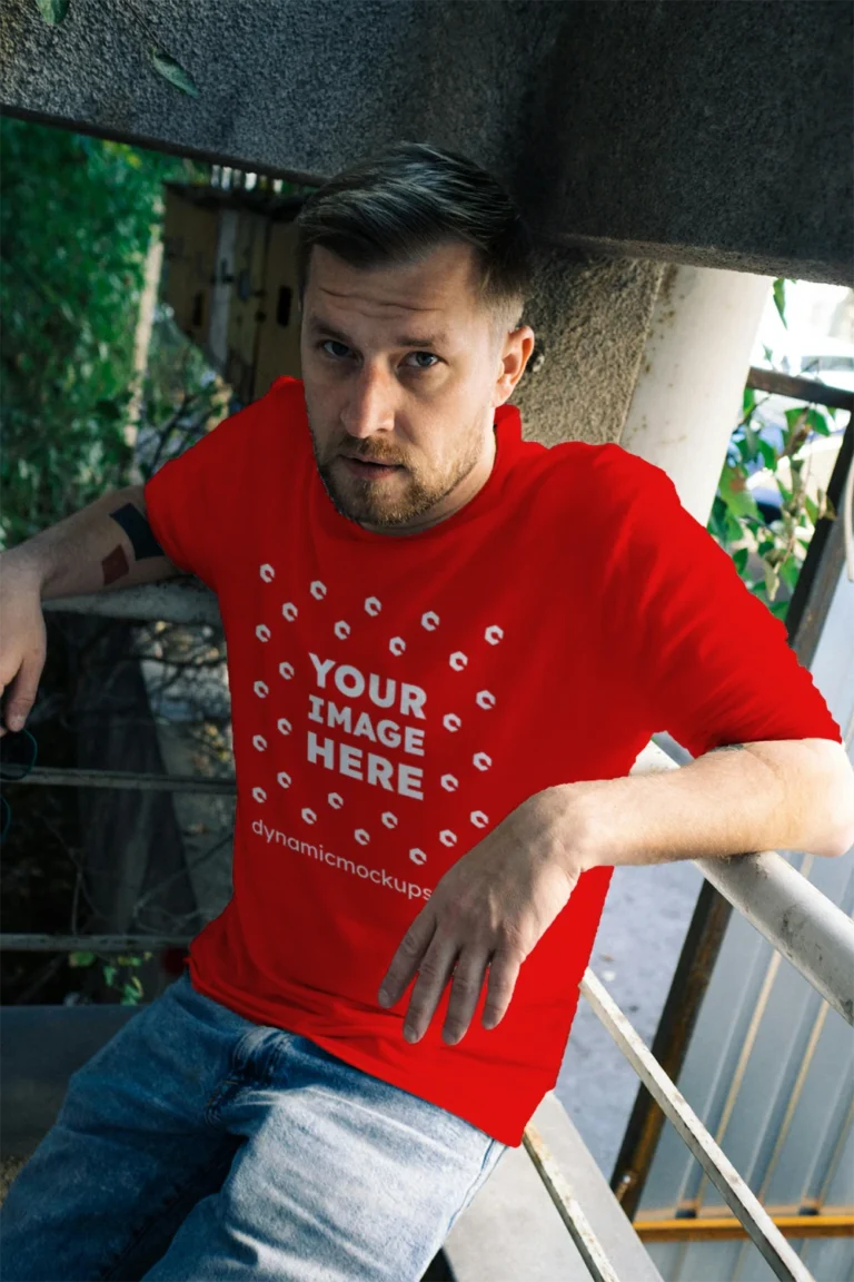 Man Wearing Red T-shirt Mockup Front View Template