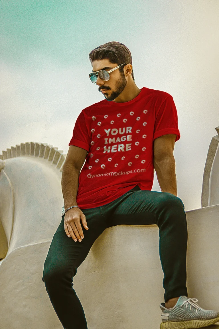 Man Wearing Red T-shirt Mockup Front View Template