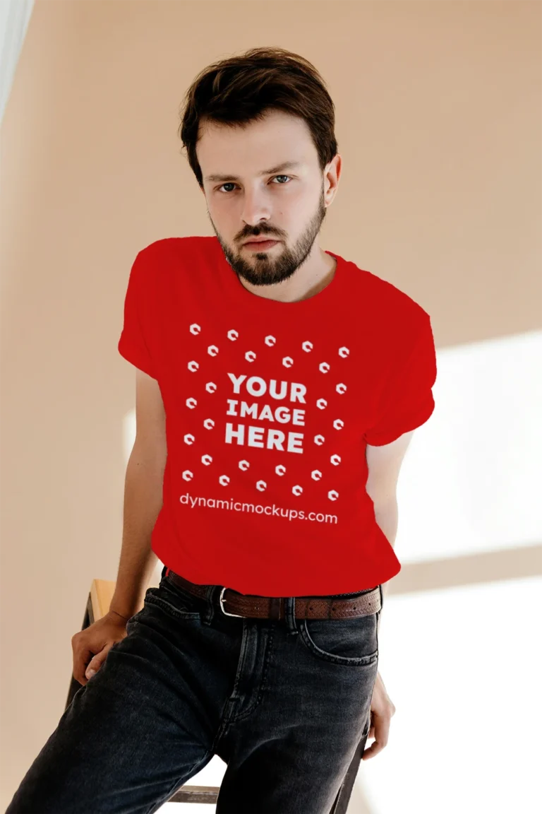 Man Wearing Red T-shirt Mockup Front View Template