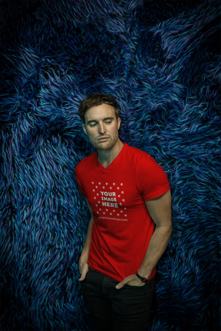 Man Wearing Red T-shirt Mockup Front View Template