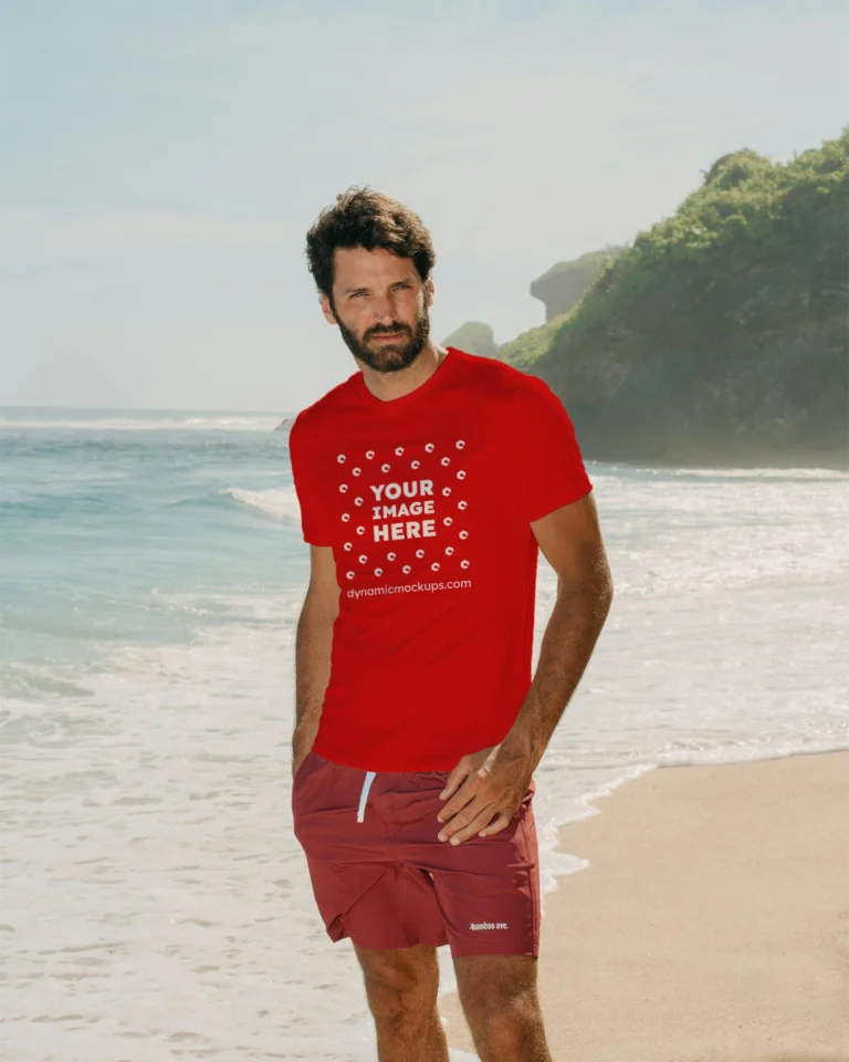Man Wearing Red T-shirt Mockup Front View Template