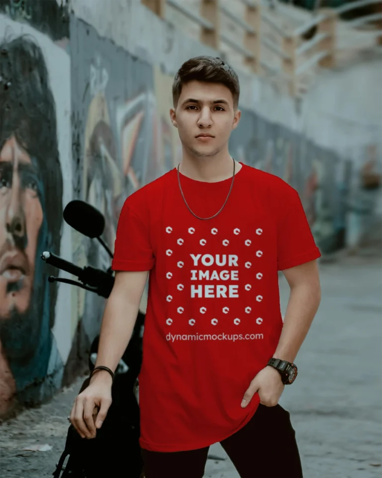 Man Wearing Red T-shirt Mockup Front View Template
