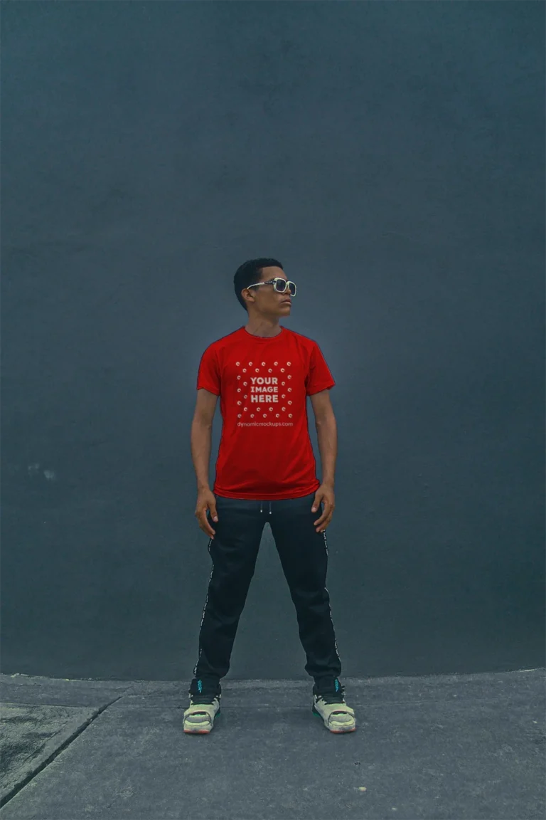 Man Wearing Red T-shirt Mockup Front View Template