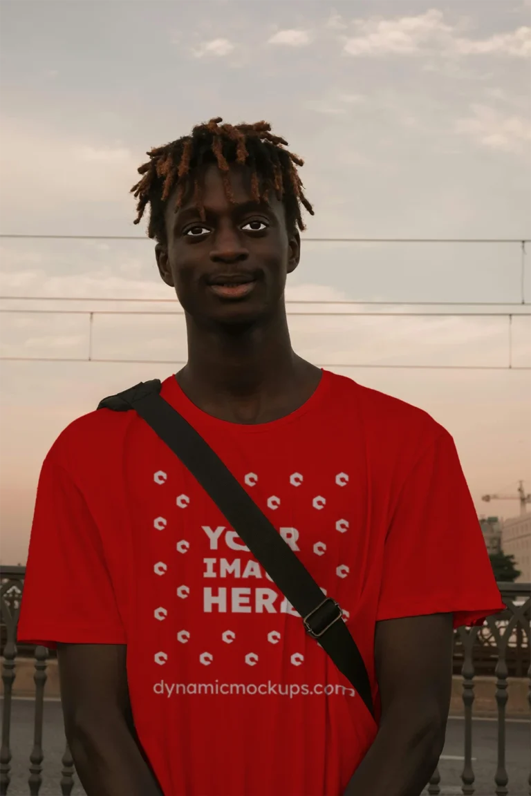 Man Wearing Red T-shirt Mockup Front View Template