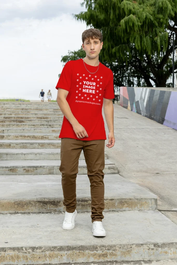Man Wearing Red T-shirt Mockup Front View Template