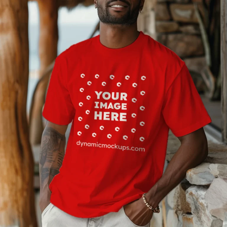 Man Wearing Red T-shirt Mockup Front View Template