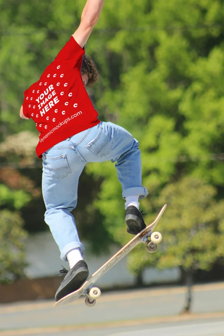 Man Wearing Red T-shirt Mockup Back View Template