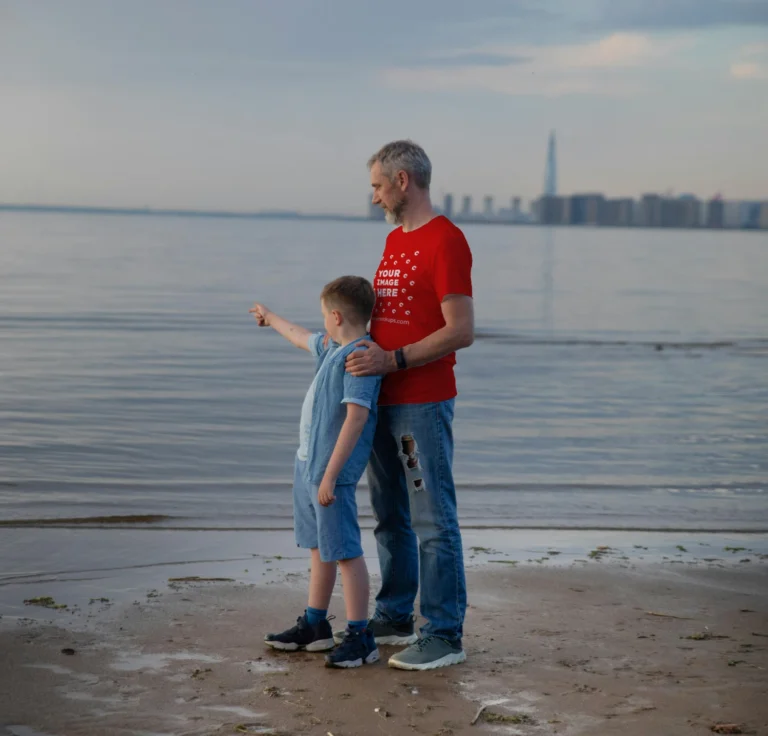 Man Wearing Red T-shirt Mockup Front View Template