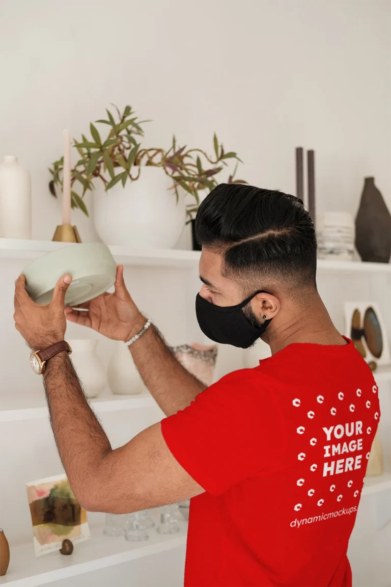 Man Wearing Red T-shirt Mockup Back View Template