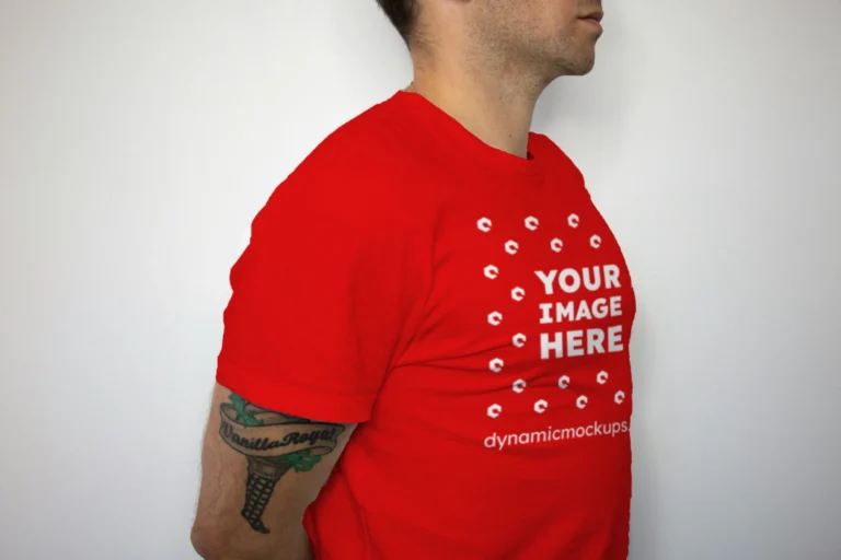 Man Wearing Red T-shirt Mockup Front View Template