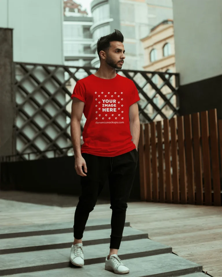 Man Wearing Red T-shirt Mockup Front View Template