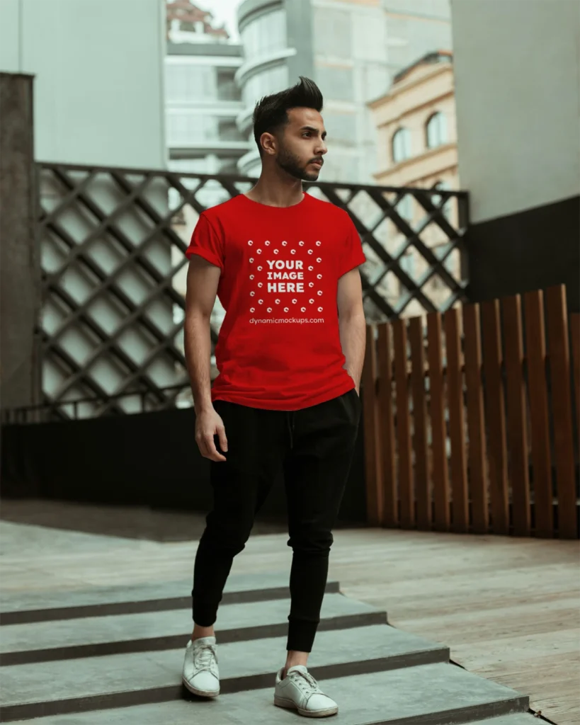 Man Wearing Red T-shirt Mockup Front View Template