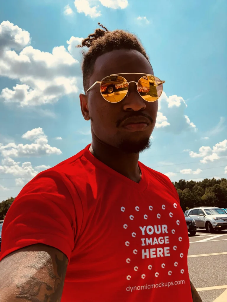 Man Wearing Red T-shirt Mockup Front View Template