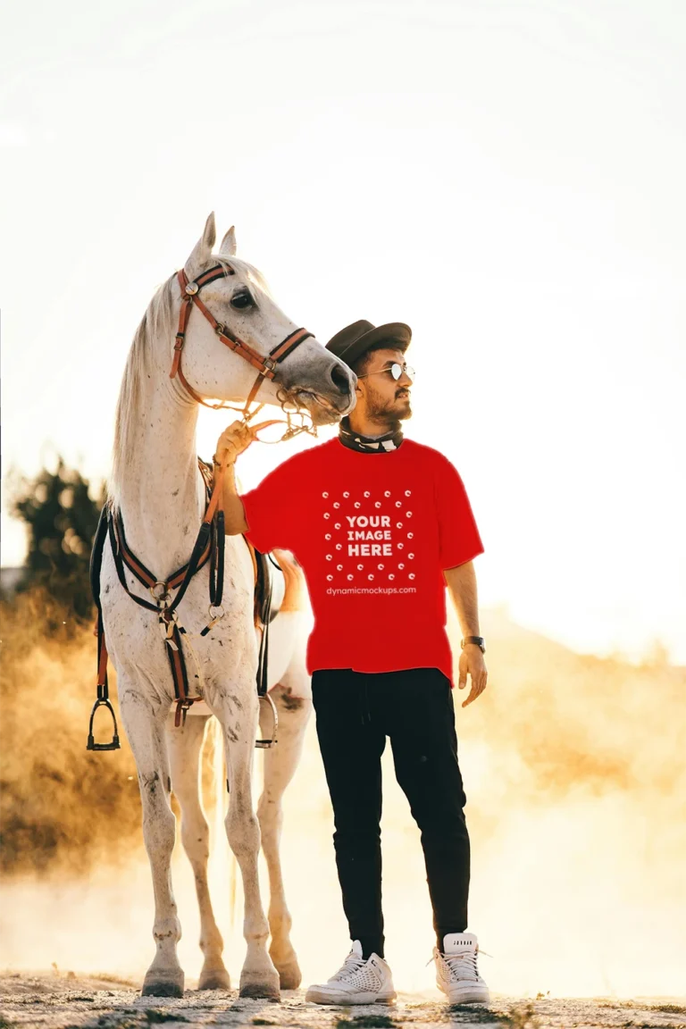 Man Wearing Red T-shirt Mockup Front View Template