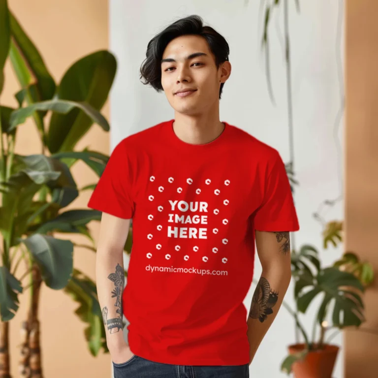 Man Wearing Red T-shirt Mockup Front View Template
