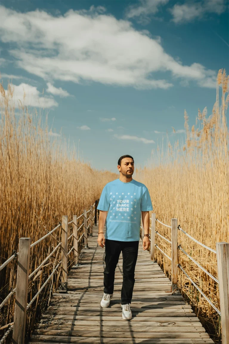 Man Wearing Sky Blue T-shirt Mockup Front View Template