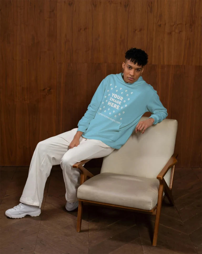 Man Wearing Sky Blue Hoodie Mockup Front View Template
