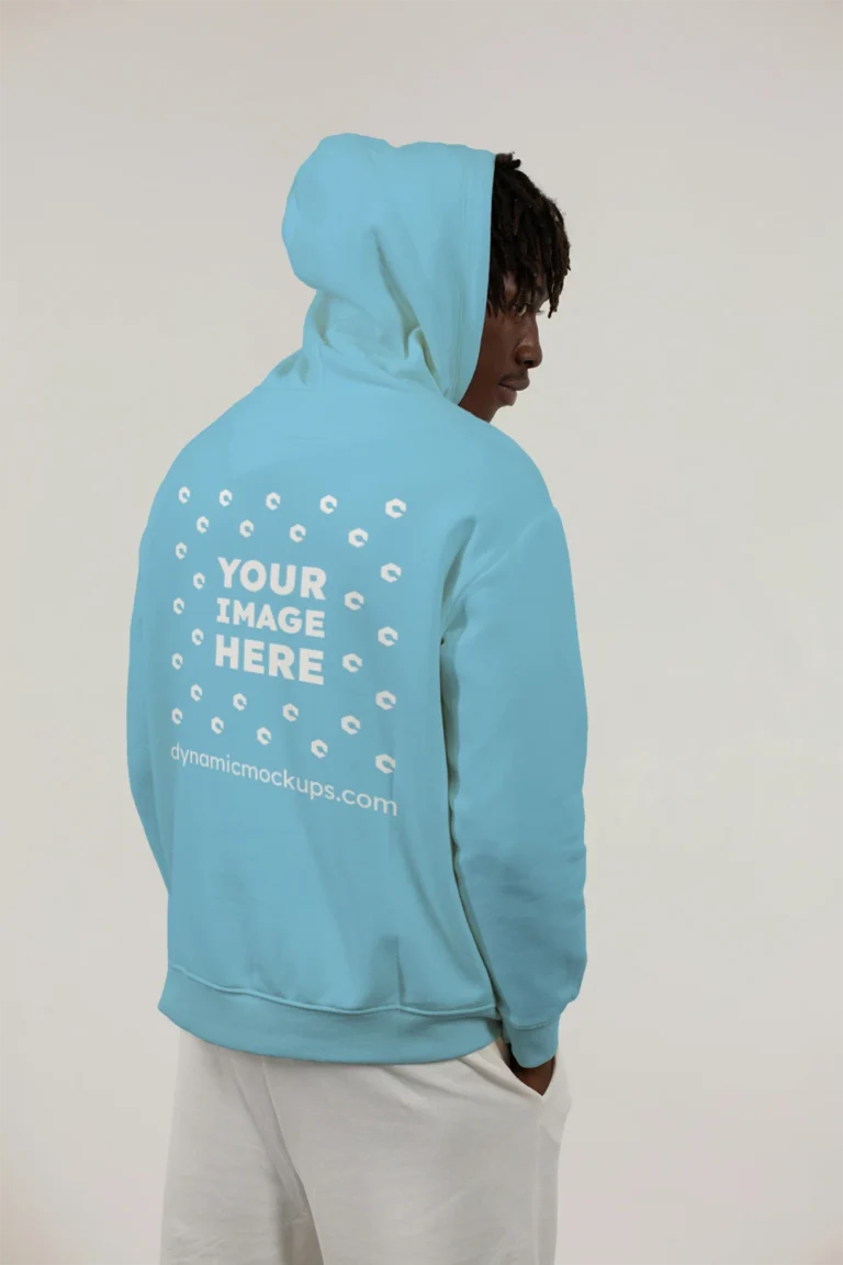 Man Wearing Sky Blue Hoodie Mockup Back View Template