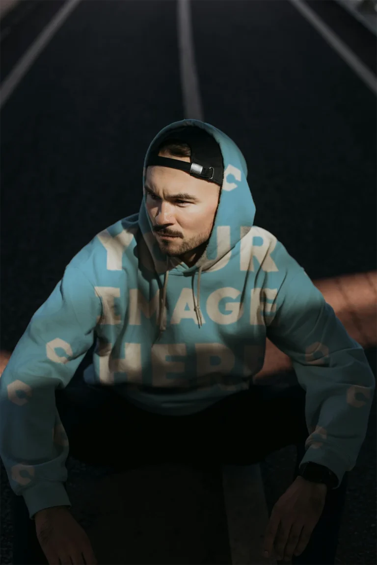 Man Wearing Sky Blue Hoodie Mockup Front View Template
