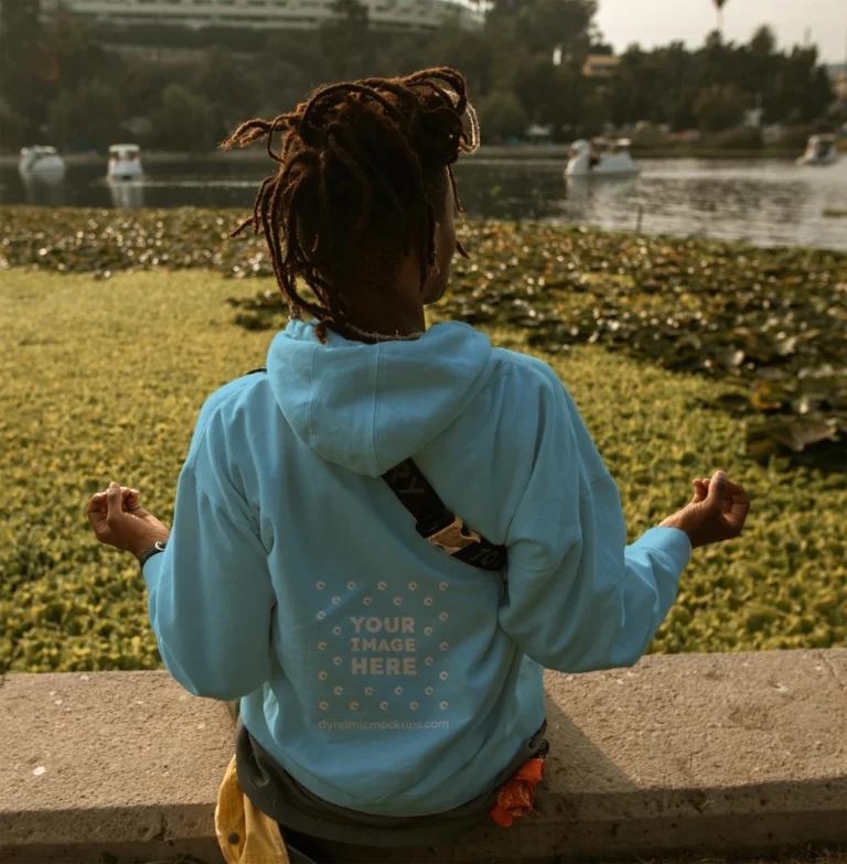 Man Wearing Sky Blue Hoodie Mockup Back View Template