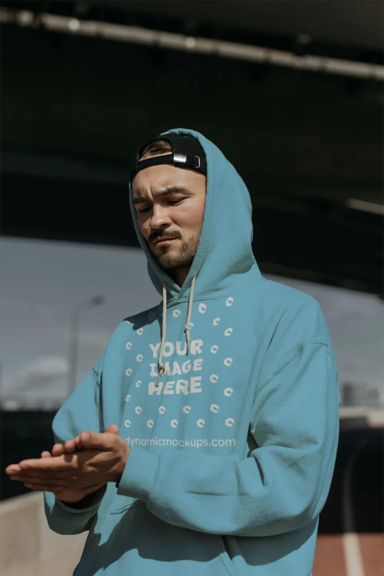 Man Wearing Sky Blue Hoodie Mockup Front View Template