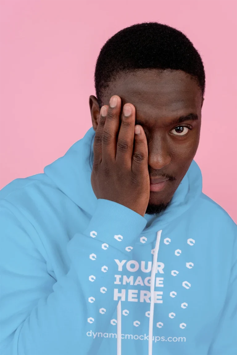 Man Wearing Sky Blue Hoodie Mockup Front View Template