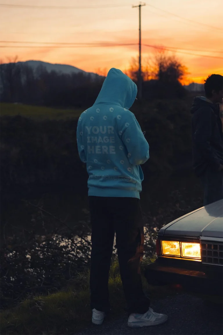 Man Wearing Sky Blue Hoodie Mockup Back View Template