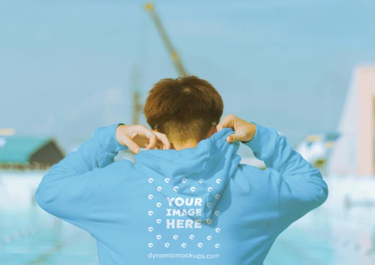 Man Wearing Sky Blue Hoodie Mockup Back View Template