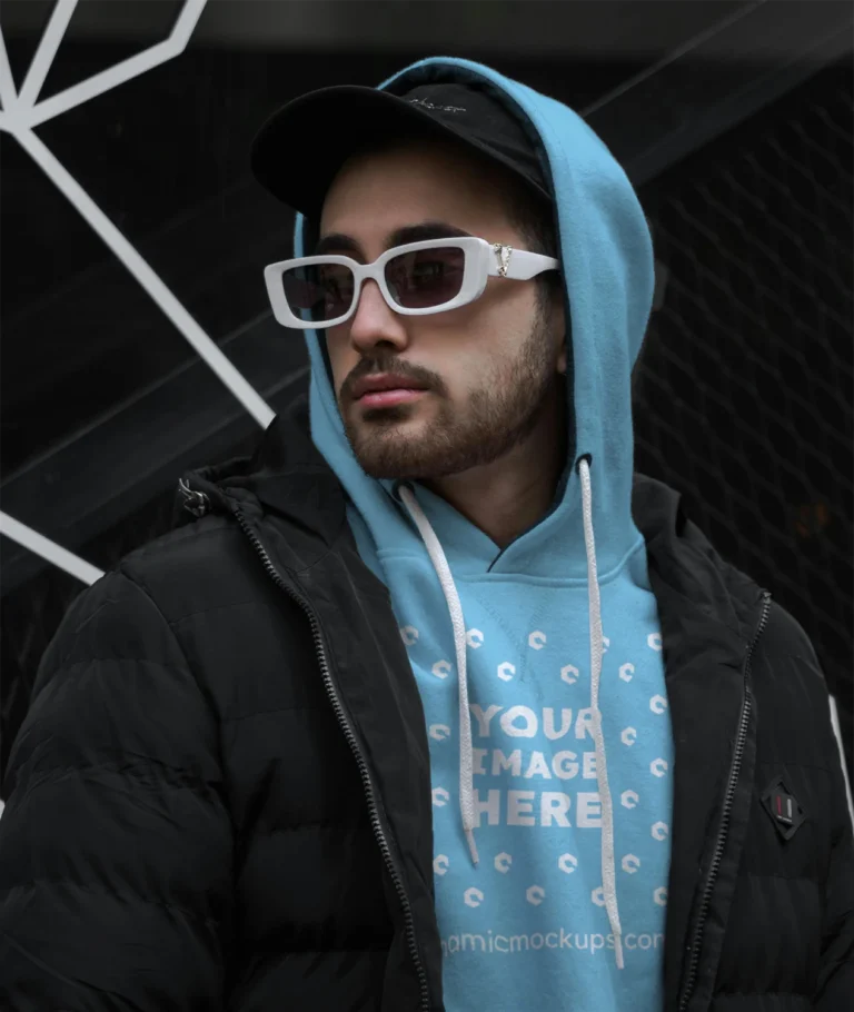 Man Wearing Sky Blue Hoodie Mockup Front View Template
