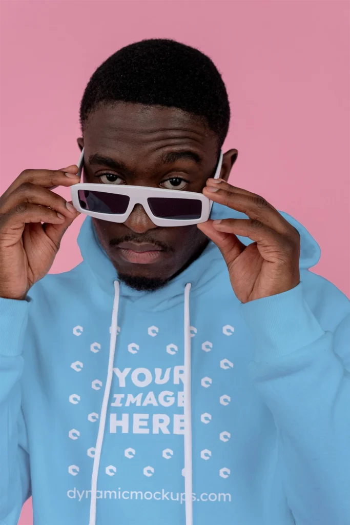 Man Wearing Sky Blue Hoodie Mockup Front View Template