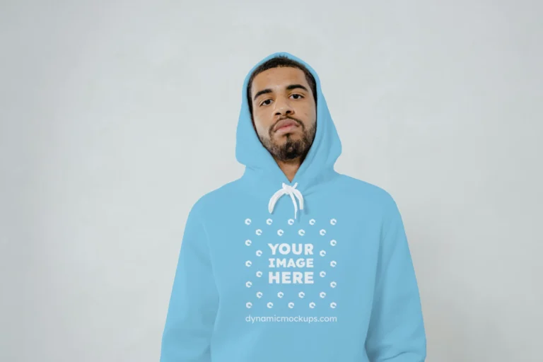 Man Wearing Sky Blue Hoodie Mockup Front View Template