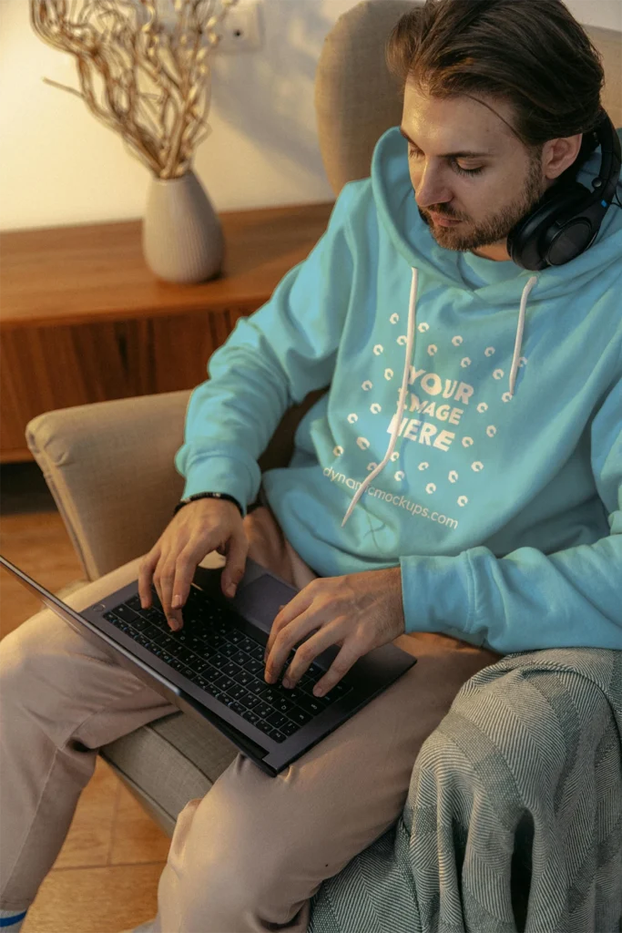 Man Wearing Sky Blue Hoodie Mockup Front View Template