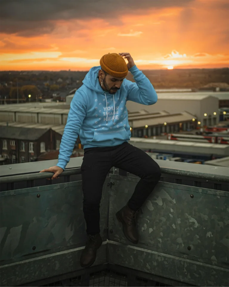 Man Wearing Sky Blue Hoodie Mockup Front View Template