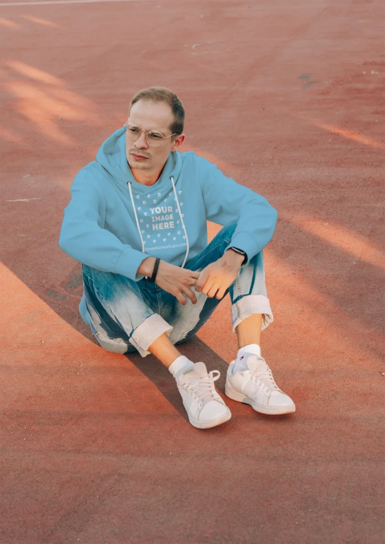 Man Wearing Sky Blue Hoodie Mockup Front View Template