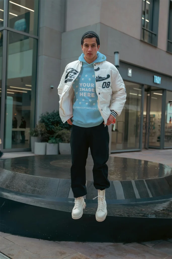 Man Wearing Sky Blue Hoodie Mockup Front View Template