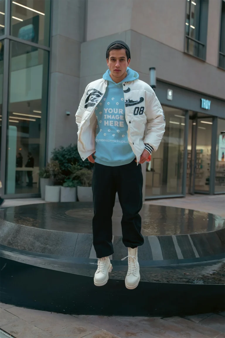 Man Wearing Sky Blue Hoodie Mockup Front View Template
