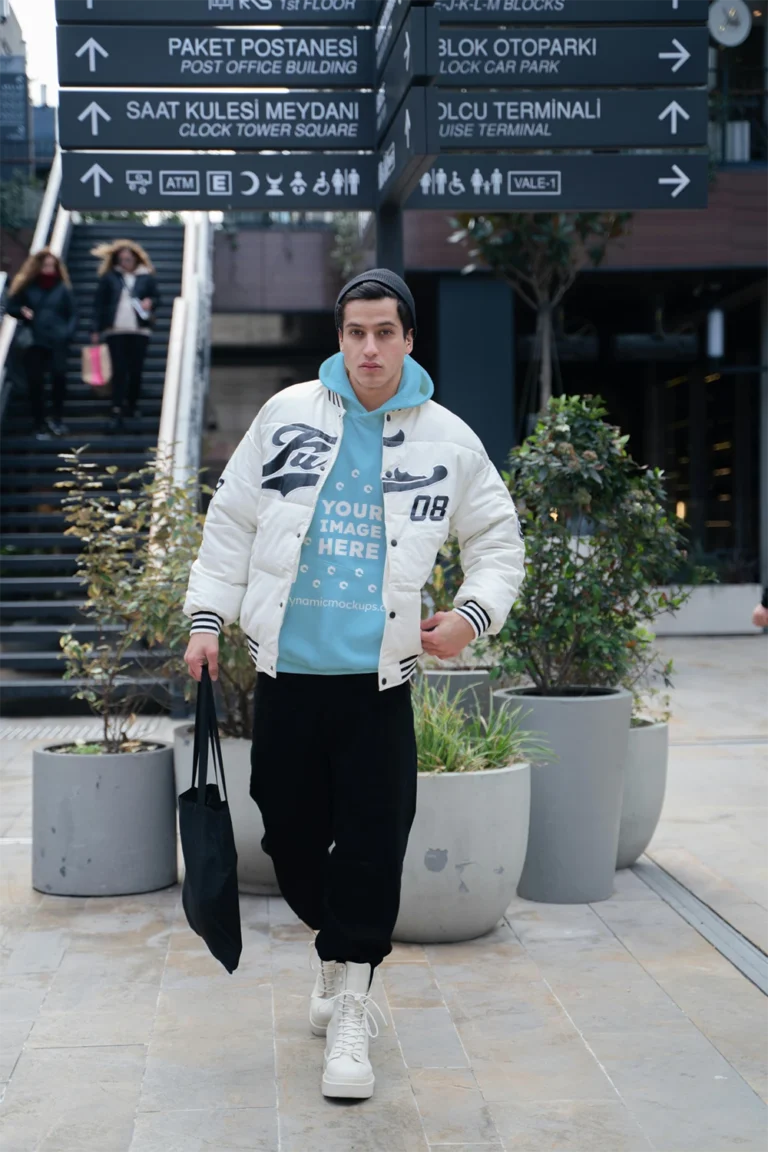 Man Wearing Sky Blue Hoodie Mockup Front View Template