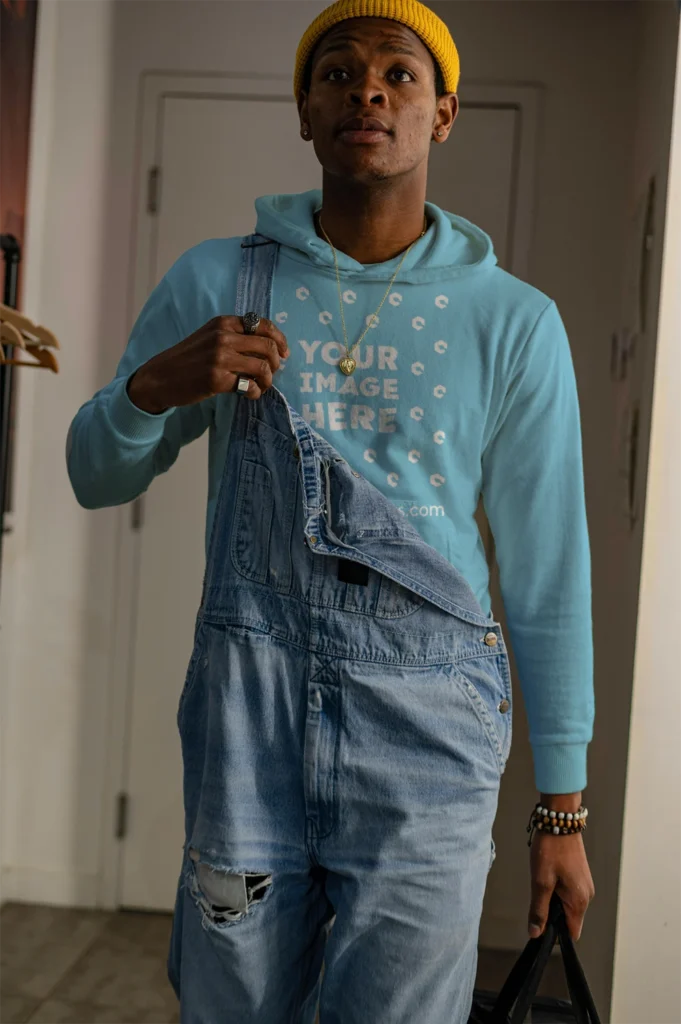 Man Wearing Sky Blue Hoodie Mockup Front View Template