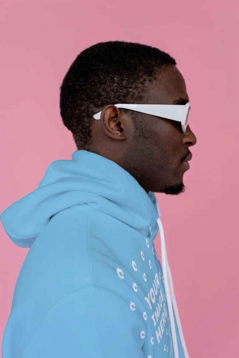 Man Wearing Sky Blue Hoodie Mockup Side View Template